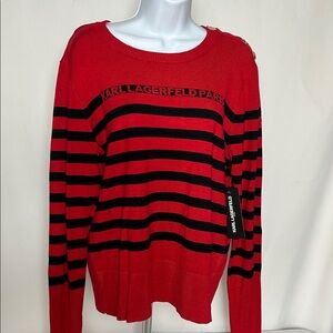 Karl Lagerfeld Women’s Size Large Red and Black Striped Pullover Sweater Shirt
